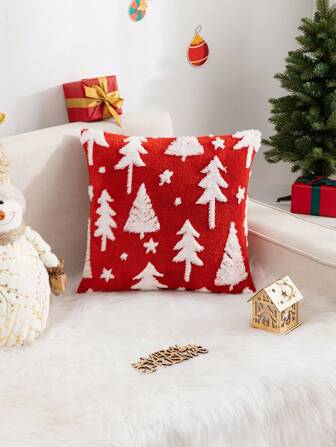 1 件圣诞树、鹿和雪花图案法兰绒毛绒靠垫套、季节性装饰枕套，适合客厅和卧室