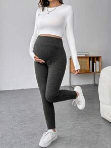 SHEIN Maternity Wide Waistband Solid Leggings - Dark Grey - View 4