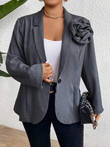 SHEIN Clasi Plus Size Women's Solid Color Notched Collar Long Sleeve Elegant Floral Decor Blazer Jacket - Grey - View 3