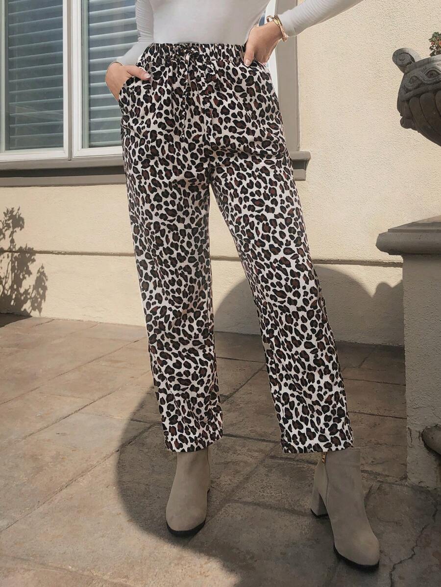 SHEIN LUNE Women's Casual Leopard Print Pocket Pants