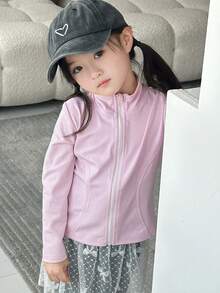 DAZY 年轻女孩休闲纯色立领夹克，春秋 - 粉色 - 查看 3