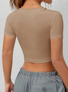 SHEIN EZwear 女士夏季方领短袖短款修身无缝卡其色 T 恤 - 卡其色 - 查看 2