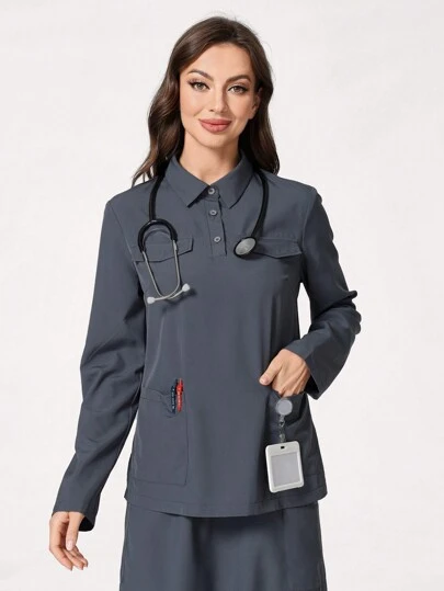 TaskEZ Plain Front Button Long Sleeve Pocket Minimalist Scrub Uniform Top