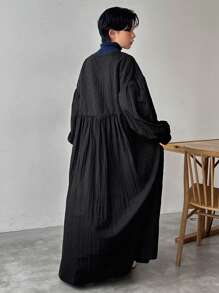 FRIFUL Women's Casual Solid Color Round Neck Drop Shoulder Long Sleeve Pleated Loose Dress, Spring & Autumn - Black - View 5