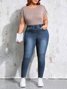 EMERY ROSE Plus Size Women Elastic Waist Denim Pants - Medium Wash - View 4