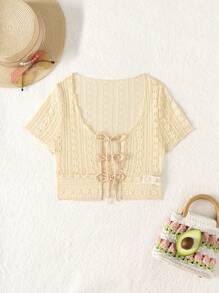 SHEIN Swim 女士度假系带短袖短款和服夏季 - 杏色 - 查看 5