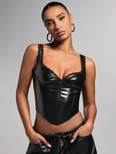 SHEIN BAE Women's Sexy Lace-Up PU Leather Lace Detailing Halter Black Corset Top,Bunny Costume,Devil Costume,Cat Woman Costume,Halloween Costumes,Fall/Autumn