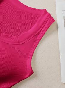 Comfortcana Áo ba lỗ không lót ngực xếp ly cổ tròn màu trơn đơn giản dành cho nữ, mùa thu-hè - Màu Hồng Tươi - Xem 6