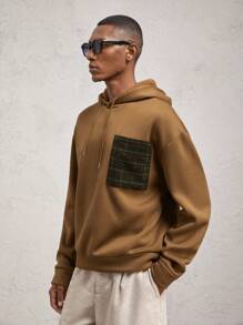 AKNOTIC Business Casual 男士宽松针织拼色套头连帽运动衫，适合秋冬季，休闲棕色格子口袋 - 棕色 - 查看 2