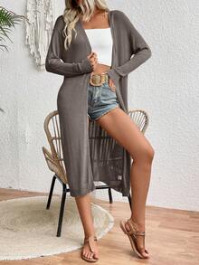 SHEIN LUNE Simple Plain Long Sleeve Long Cardigan, Casual Daily Wear - Mocha Brown - View 4