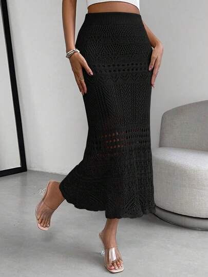 Almamuse Solid Color Hollow Casual Knitted Skirt