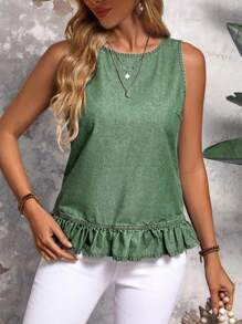 SHEIN LUNE Women's Summer Sleeveless Button Back Ruffled Hem Denim Blouse - Green - View 2
