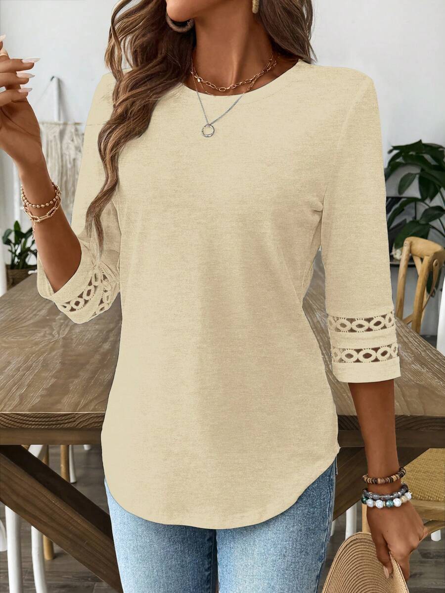 EMERY ROSE Plain Crew Neck Mid-Length Sleeve Casual T-Shirt - Apricot - View 1