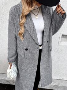 SHEIN LUNE 女士休闲宽松条纹翻领落肩长袖双排扣长款西装外套，春秋季