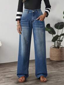 SHEIN LUNE Women Wide Leg Loose Casual All-Match Denim Jeans - Blue - View 6