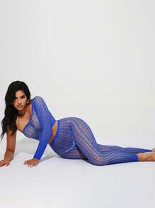 Hollow Out One Shoulder Lingerie Set - Royal Blue - View 4