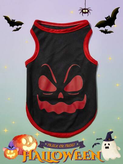 PETSIN 1 件装宠物狗猫万圣节搞笑表情印花透气轻便黑色狗背心