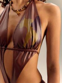 SHEIN Unity Vestido patinador con escote halter profundo sin espalda, impreso con gráfico animal en PU