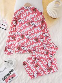 Bộ đồ ngủ in hình thỏ hoạt hình và chữ cho bé gái tuổi teen 2 chiếc áo len cardigan cổ bẻ kèm quần dài thoải mái - Bụi hồng - Xem 2