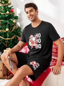 CoupledUp Santa Claus Print Short Sleeve Top & Shorts Pajama Set For Men, For Christmas - Black - View 7