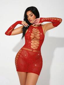 Vestido Lencero De Encaje Ahuecado Con Guantes - Rojo - Ver 1
