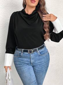 SHEIN LUNE Bluză de damă cu mâneci liliac cu mărime mare contrastantă, primăvară și toamnă - Negru - Vizualizare 3