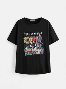 FRIENDS X SHEIN Casual Loose Round Neck Short Sleeve Women's T-Shirt, Suitable For Summer,Graphic Tee