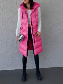 EURMUSE Flap Pocket Drawstring Hooded Puffer Vest Coat - Hot Pink - View 1