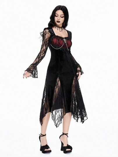 Gothic Palace Style Sexy Contrast Lace V-Neck Pendant Cross Chain High Slit Dress For Women, Halloween Clothes