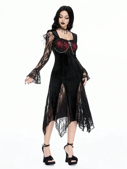 ROMWE Spring|Summer Carnival Party Casual Black Gothic Palace Style Sexy Contrast Lace V-Neck Pendant Cross Chain High Slit Dress For Women, Halloween Clothes