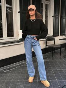 Cottnline 100% Cotton Women's Casual Loose Fitting Pocket Straight Leg Jeans - Biru - View 3