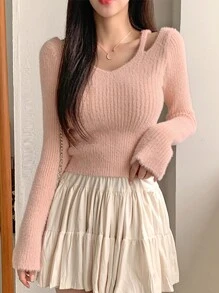 DAZY Women's V-Neck Open Shoulder Soft & Stretchy Fuzzy Bodycon Sweater,Fall Women Clothes - Pink - View 4