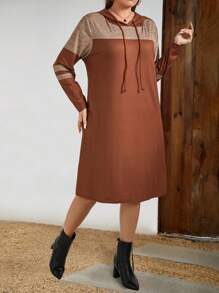 EMERY ROSE 大码秋季女式连衣裙 女士拼色抽绳连帽长袖休闲连衣裙 - 彩色 - 查看 5