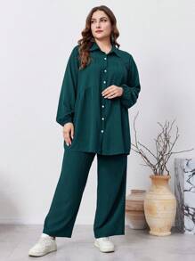 Graceveil Set de 2 piezas de pantalones con botones y mangas largas de unicolor de talla grande, elegantes y casuales, coordinados de 2 piezas para viajes, uso casual, hogar u ocasiones festivas