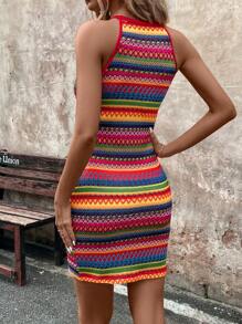 SHEIN LUNE 女式彩色条纹针织修身挂脖休闲连衣裙 - 紅色 - 查看 4