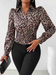SHEIN Clasi Blusa con botones y mangas abullonadas con estampado de leopardo elegante para mujer, primavera/otoño - Multicolor - Ver 1