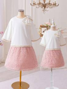 SHEIN Bộ 2 chiếc váy xòe và nơ lớn thường ngày cho bé gái tuổi teen, áo cánh tay 3/4 và váy xòe - Hồng - Xem 2