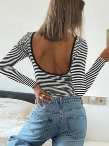 Vaiaye Women's French Sexy Backless Striped Knit Long-Sleeve Christmas Slim Top