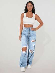 SHEIN PETITE 休闲洗水做旧直筒牛仔裤 - 藍白色 - 查看 4