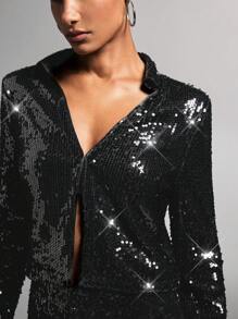 SHEIN BAE Women Fashionable Sequins Cropped Top, Spring Autumn - Black - View 6