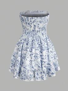 Chiquease 女式度假無肩帶無背心裝前交叉植物印花雙層下擺中長裙