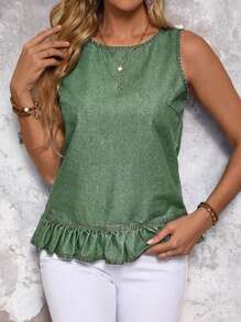 SHEIN LUNE Women's Summer Sleeveless Button Back Ruffled Hem Denim Blouse - Green - View 4