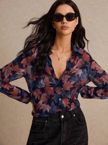 Poéselle 女士休闲树叶印花衬衫，春秋季，长袖上衣 - 彩色 - 查看 2