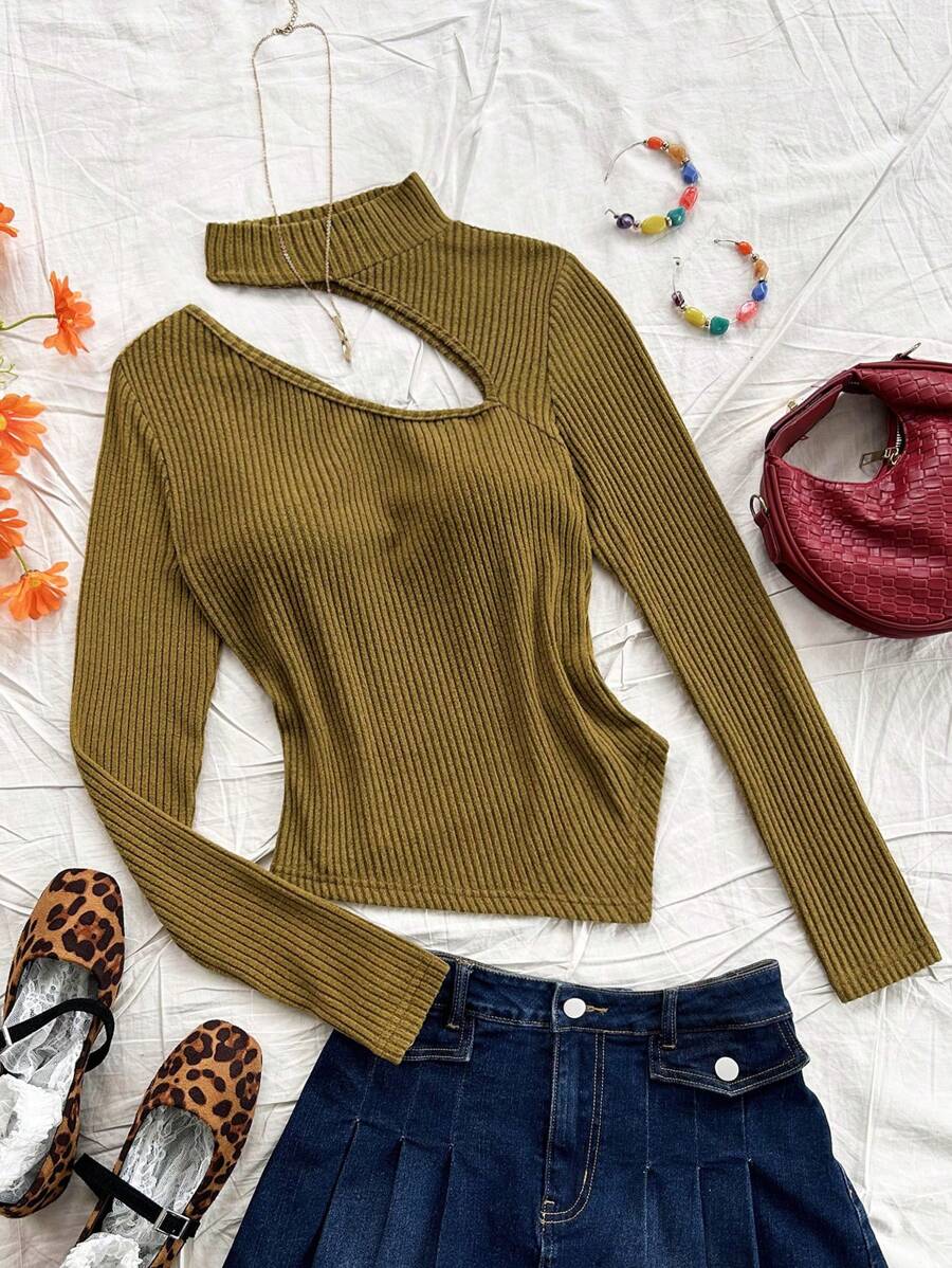 Soleia Áo len dệt kim dài tay thiết kế hở lưng cổ cao không đối xứng cho kỳ nghỉ mùa thu dành cho nữ - Màu Mù tạt vàng - Xem 1