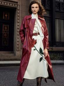 MOTF STUDIO PU LEATHER LAPEL COLLAR DOUBLE BREASTED PLACKET BELTED TRENCH COAT - Burgundy - View 13