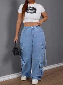 SHEIN SXY Plus Size High Waist No-Stretch Multi-Pocket Decorated Straight Boyfriend Jeans - Light Wash - View 4