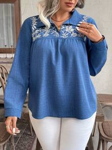 SHEIN LUNE 大码花卉刺绣长袖简约休闲衬衫 - 藍色 - 查看 3