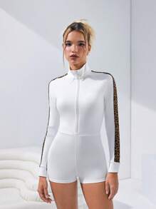 VARSITIE Mono deportivo de mujer con estampado de leopardo, ropa básica sencilla para otoño e invierno - Blanco - Ver 6