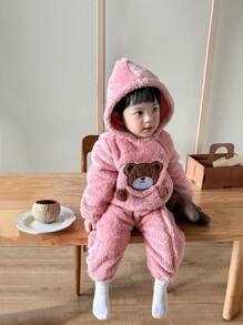 女婴可爱熊刺绣连帽保暖连体衣，冬季衣服 - 粉色 - 查看 1