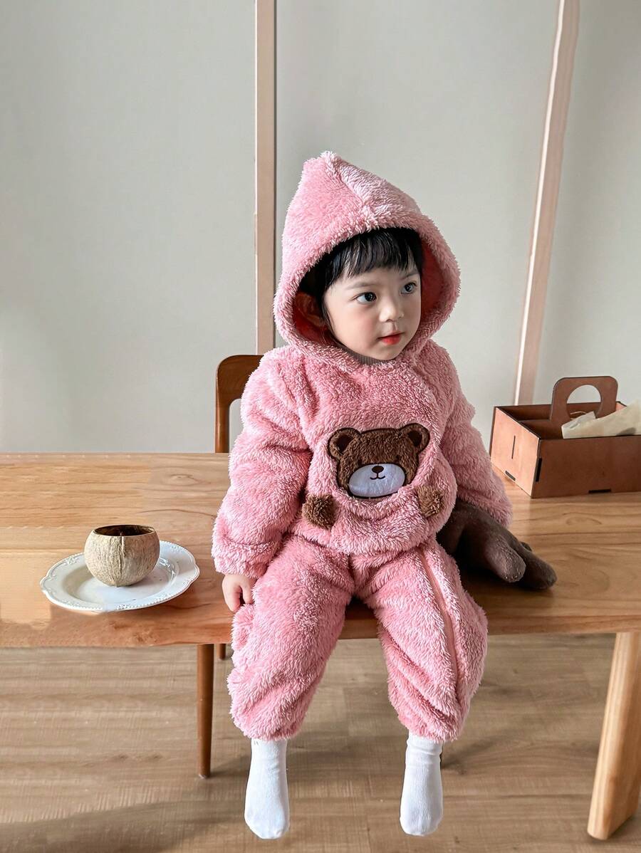 女婴可爱熊刺绣连帽保暖连体衣，冬季衣服 - 粉色 - 查看 1